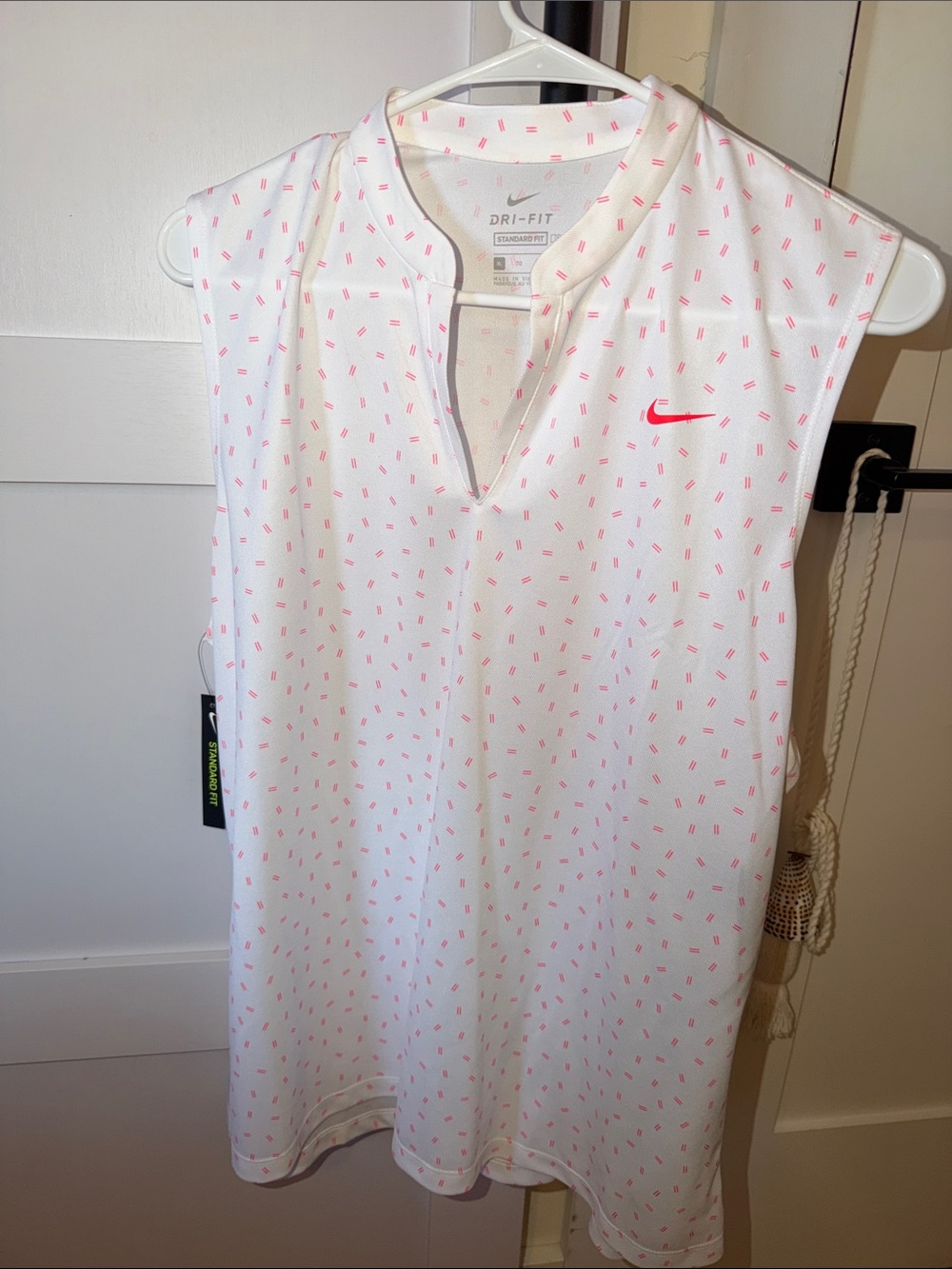 Nike White Sleeveless Dri-FIT Top with Pink Micro Print